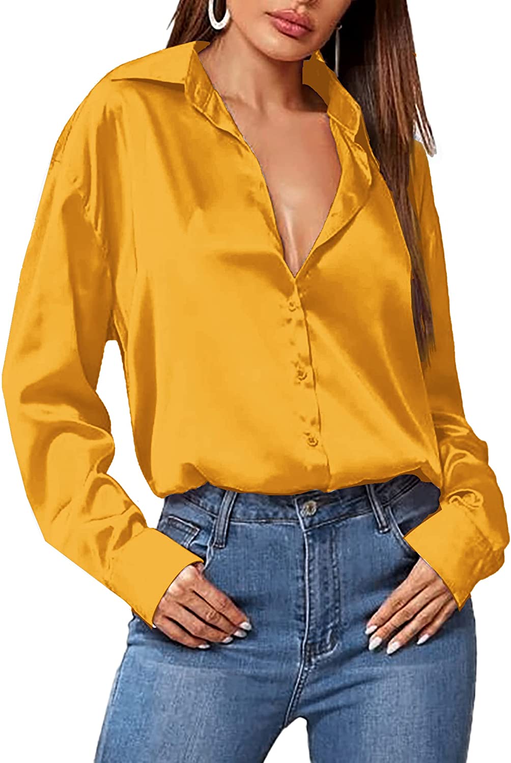 Hotouch Satin Silk Women Button Down Shirt Long Sleeve V Neck Casual Loose Work Office Blouse Tunic Tops - Image 1